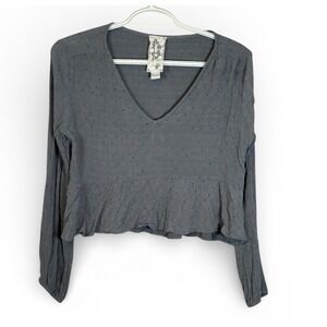 Womens Sadie/Sage Grey Peplum Blouse Textured Dot V Neck Long Sleeve Top M